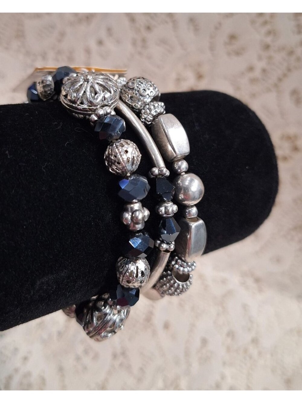 NEW Set Of 3 Stretch Silver Beaded Bracelets With Black Faceted Beads